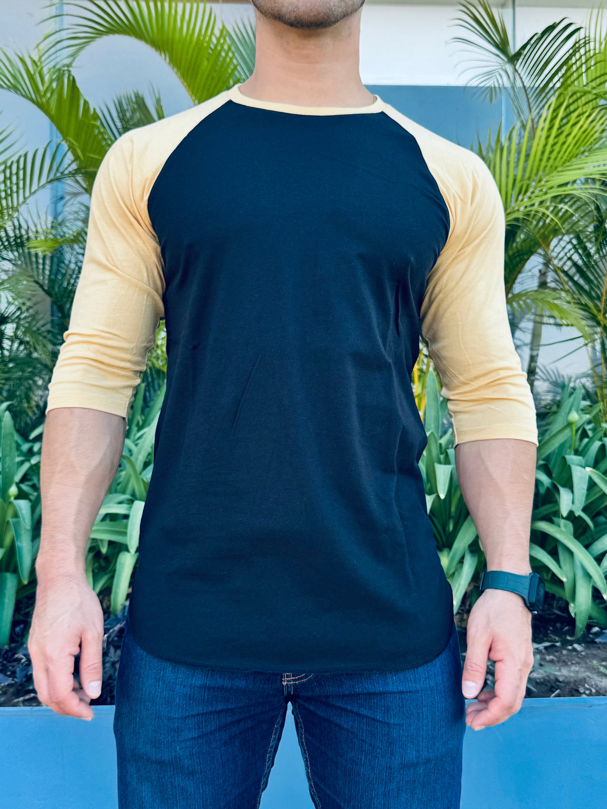 PLAYERA LONG FIT 3/4 Black/Yellow